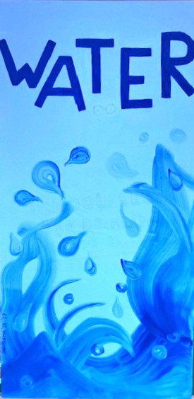 Prent bij het jaarthema water: blauwe golven en waterdruppels met het woord WATER
